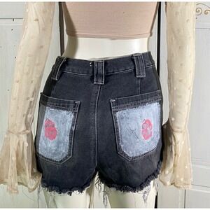 Pacsun Puppy Lovers Custom Cargo Denim Shorts Size 26 Black Mid Rise Fray Cute